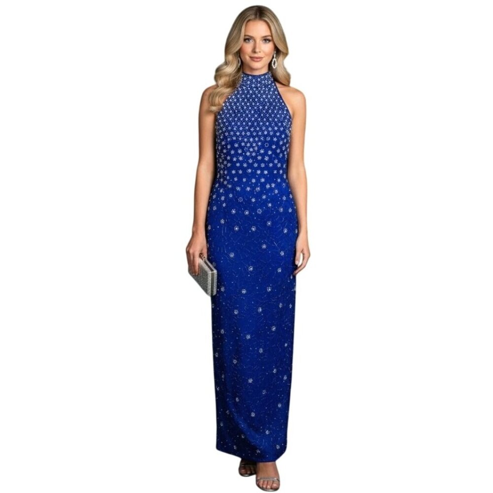 VTG 90s Ibiza Silk Hand Beaded Halter Neck Column Gown S Maxi Dress Royal Blue